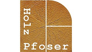 Logo of the company "Pfoser" with white lettering on the cross-section of a building log