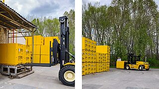 Close-up and distant view of a forklift truck loading yellow palletised parcels