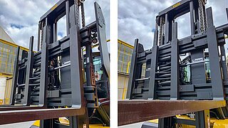 Two views of a forklift truck with fork in different positions as seen from a frog's perspective