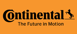 Logotipo de la empresa "Continental" sobre fondo naranja con el lema "The Future in Motion"
