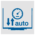 Icon with the outline of a forklift clamp, two arrows, the inscription "auto" and a measuring device