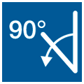 Icon mit der Aufschrift 90 Grad und der Seitenansicht einer Spannklammer mit einem Pfeil nach unten