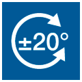 Quadratisches, blaues Icon mit kreisförmigem Pfeil und der weißen Aufschrift 20 Grad in der Mitte