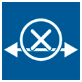 Square blue icon with white crossed-out arrow pointing in two directions